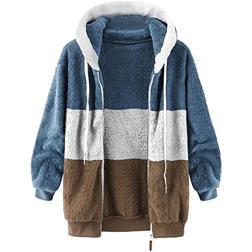 Fuzzy Fleece Jackets for Women Plus Size Hoodies Fall Winter Coats Color Block Patchwork Cardigan Coat with Pockets
