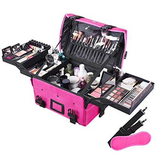 AW Deep Pink Soft Sided Makeup Cosmetic Bag Professional Large Storage Artist Box Travel Train Case with Strap