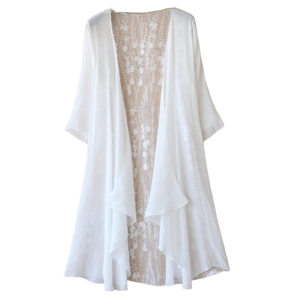 FWSHANGMAO Women'S Shrugs,Women'S Shrug 3/4 Sleves Bolero Chiffon Kimono Shawl Boho Floral Lace Jacket Long Flowy Summer Cardigan Open Front Casual Kaftans Sheer Swimsuit Cover-Up For Dresses,White,S