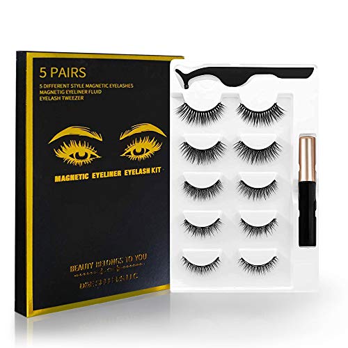 2021 Upgraded Magnetic Eyeliner and Eyelashes Kit, Magnetic Eyelashes with Eyeliner, False Lashes 5 Pairs with Tweezers, Easy to Wear