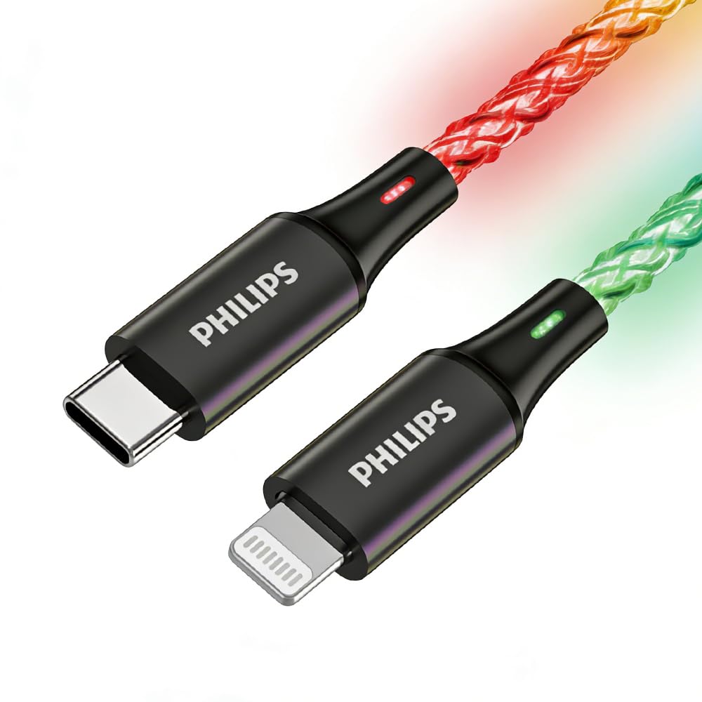 Philips Cavo di ricarica DLC5130L/01 per iPhone RGB 1M, cavo Lightning di ricarica rapida 27W, sincronizzazione 480Mbps, cavo intrecciato senza groviglio per iPhone, iPad, compatibile MFi
