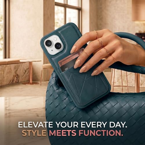 Image of amazon basics Premium Vegan Leather Back Cover with Card Holder and Integrated Mobile Stand for iPhone 15 - Slim Shockproof Wallet Case with Geometric Stitching [Blue]