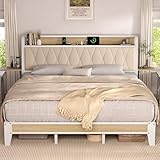 ONBRILL King Size Bed Frame with Side Storage Shelf, Ergonomic Upholstered Headboard with Charging Station, King Platform Bed Frame, Metal Slats Support, No Box Spring Needed, Easy Assembly, White