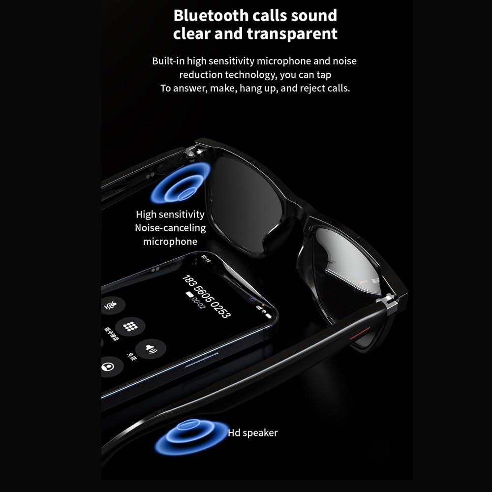 CatXQ AI Smart Glasses for Men & Women - Bluetooth Translation Glasses, Noise Cancelling Audio & Blue Light Filtering & Interchangeable Sunglass Lenses (Black/Blue/Pink) for Office & Outdoor - Black