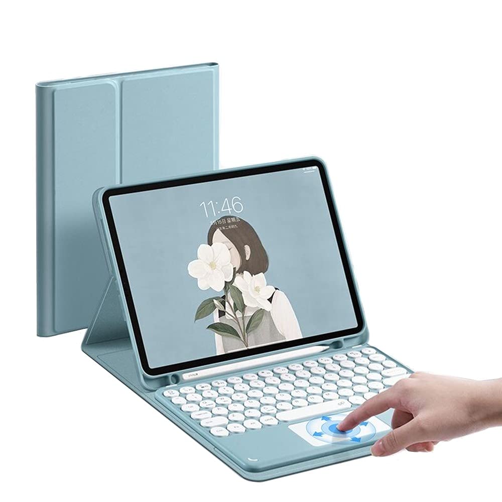 iPad10.2インチ2021iPad 9 iPad 8 iPad7キーボードiPad10.2タッチパッド付きケースiPad9用のかわいい丸いキーiPad8 iPad7アイパッド98 7 Apple Pencil用のマウス機能ペンホルダー付きキーボードカバー（iPad 10.2、青）