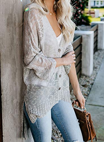 Dokotoo Women Summer Beach Fall Button Down Sheer Knit Kimono Cardigans Open Front Casual Loose Lightweight Thin Sweater Coat Long Sleeve Irregular Hem Grey XX-Large
