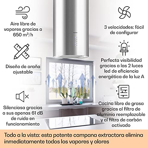 Klarstein-Beretta-Campana-extractora-en-isla-3-niveles-circulacion-Hasta-650-mh-Filtro-de-carbon-activo-ECC-C-Campanas-extractoras-cocina-Filtro-grasa-extraible-Acero-inoxidable-Plateado