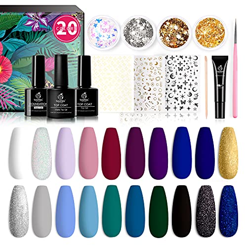 Beetles Gel Nail Polish Kit, 20 Pcs Celestial Collection Soak off Nail Gel Black Polish White Blue Glitter Gel Polish Starter Kit with Gel Base Top Coat Brushes Stickers Rhinestone Gel Essential Kit