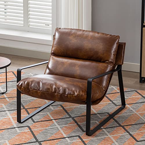 Duomay Mid-Century Accent Chair Armchair, Comfy Pu Leather Leisure Chair Lazy Chair With Metal Leg For Living Room Bedroom Office Apartment, Brown #TOP1
