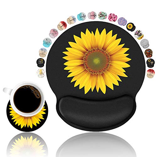 LOWORO Ergonomic Mouse Pad Wrist Support with Coasters Set, Cute Large Wrist Rest Pad with Non-Slip PU Base for Laptop Computer Home Office Working Gaming Pain Relief, Sunflower