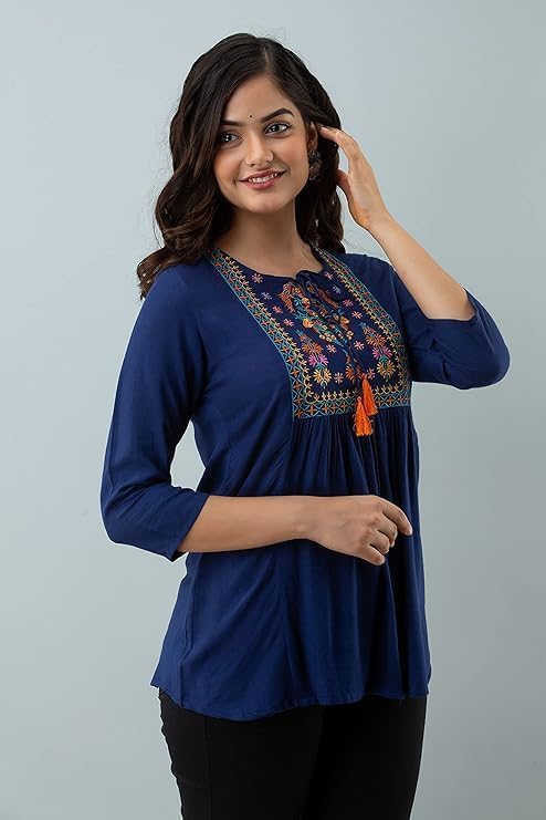 Image of Avayayat Short Kurti for Women | Embroidered Straight Rayon Kurta | Round Neck Full Sleeves Short Kurti for Women's