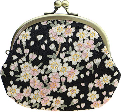 Edo Komon Silk Gamaguchi Coin Purse: Tokyo Stencil-Dyed Craft [2026] — 11 舞桜　黒 finish