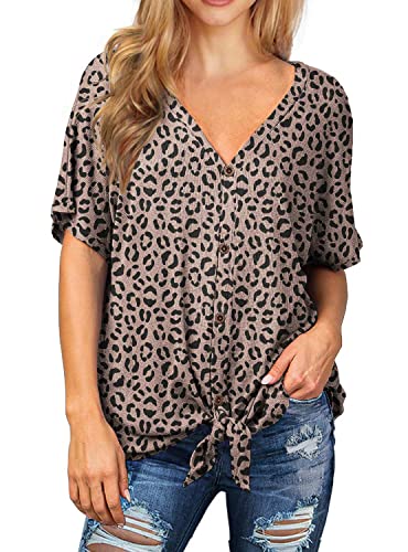 Image of IWOLLENCE Women's Waffle Knit Tunic Blouse Tie Knot Short Sleeve Henley Tops Loose Fitting Bat Wing Shirts