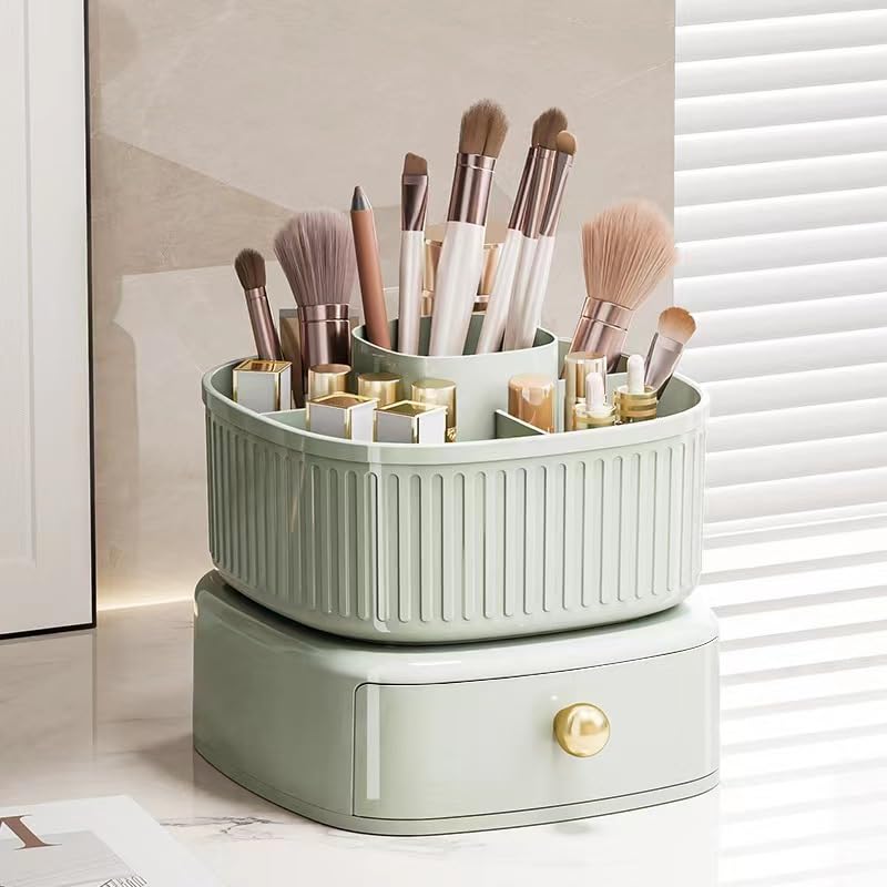 Restorgan 360°Rotating Makeup Organiser, Spinning Makeup Brush Organiser with Drawer, Dressing Table Organiser, White Makeup Brush Holder for Vanity Living Room Bedroom Bathroom Countertops(Green)