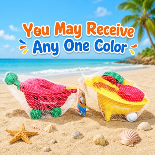 Image of WISHKEY Beach Toys for Kids 6 Pcs Fruit Beach Sand Toy Set with Strawberry Wheelbarrow, Sand Rake, Sand Shovel & Fruit Moulds Beach Sand Play Set for Boys & Girls ABS Plastic 18 Months+ Multicolor