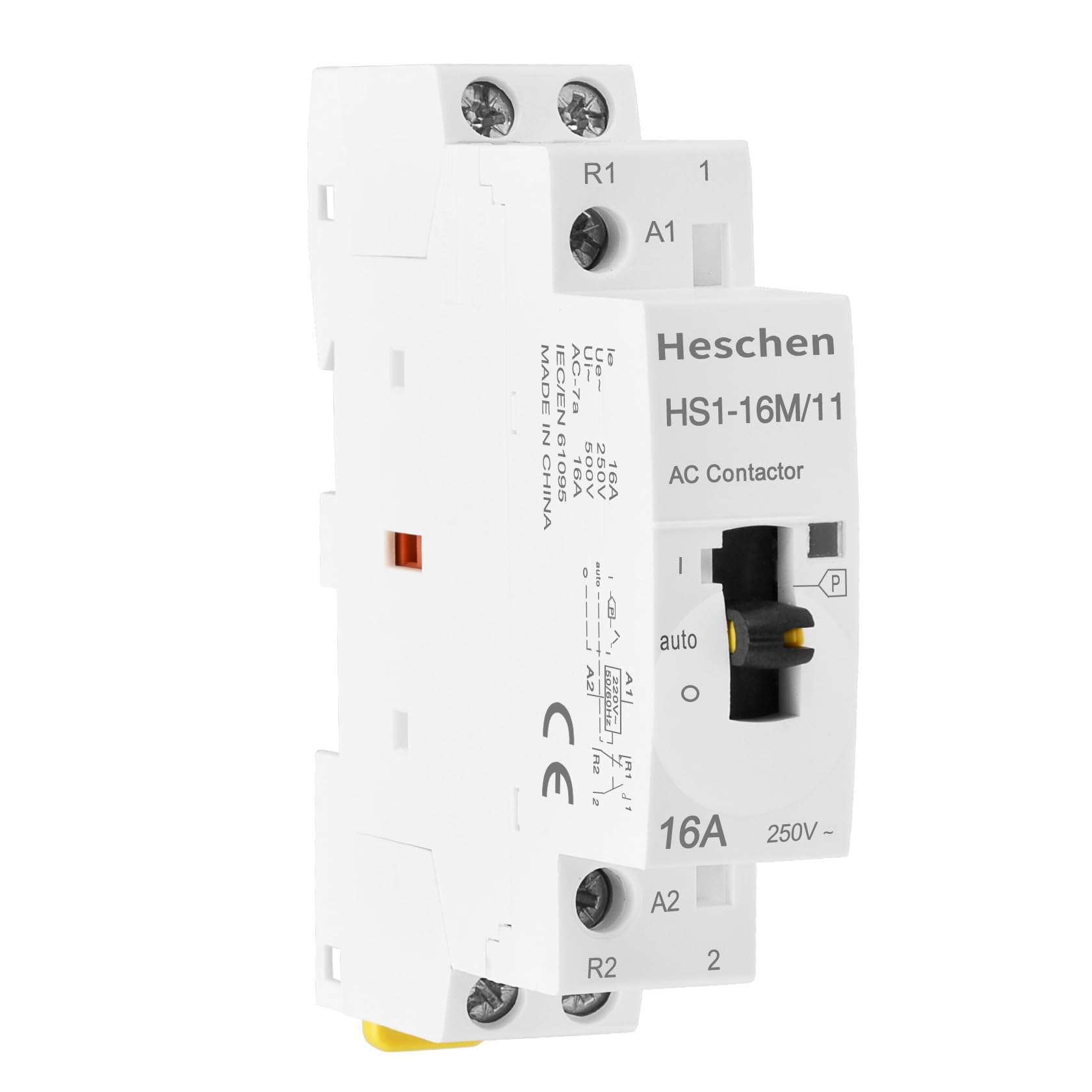 Heschen Protezioni modulari per uso domestico, HS1-16M/11, 16A, 2 poli, 1NO 1NC, bobine da 220 VAC, montaggio su guida DIN da 35 mm, con interruttore di controllo manuale