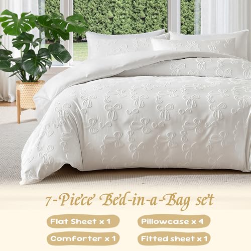 Image of 7 Pieces Bow Comforter Set for Girls White Tufted Boho Bedding Set Queen Size Farmhouse Bed in A Bag as Gifts (1 Comforter, 1 Flat Sheet, 1 Fitted Sheet, 2 Pillowcase and 2 Pillow Sham)