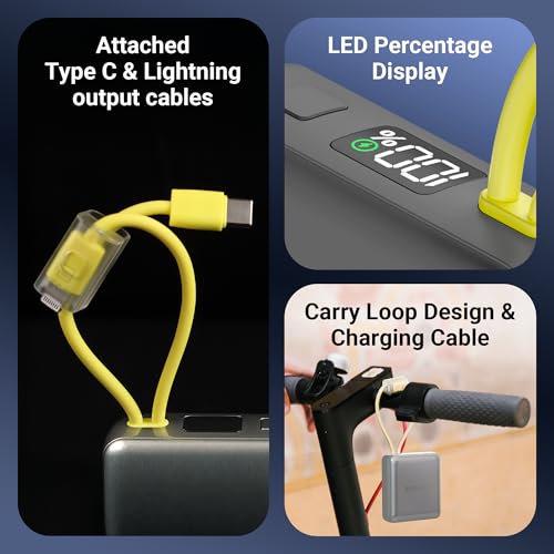 Image of ZEBRONICS EnergiTank 10R1, Compact Power Bank, 10000 mAh, 22.5W Rapid Charging, Built-in Type C & Lightning Cable + Type C Port, LED Percentage Indicator, for iPhone, Android, Tablets, Airpods (Grey)