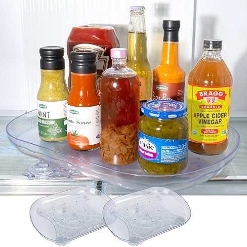 2 Pack Fridge Lazy Susan Refrigerator Organizing Refrigerator Organizers Slide and 360° Rotating Storage for Cabinet, Pantry, Kitchen Countertop, Square 16” x 12”, Clear