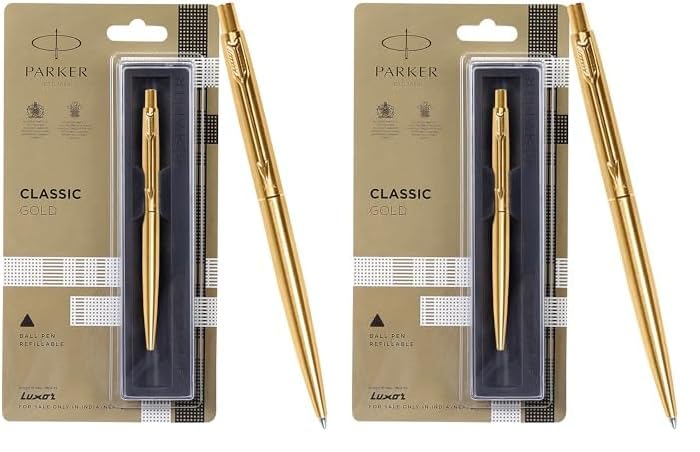 Parker Classic Gold Trim Ball Pen | Refillable | Gold Trim | Stainless Steel (1 Count, Pack of 2, Ink - Blue) | Ideal for gifting | Best pen for professionals, students
