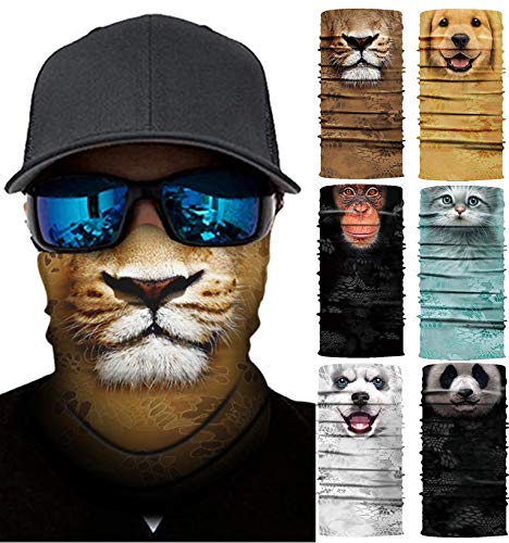 6 Pack 3D Animal Face Mask Bandana Sun UV Protection Seamless Magic Scarf Tube Headwear Neck Gaiter for Outdoors, Festivals, Sports