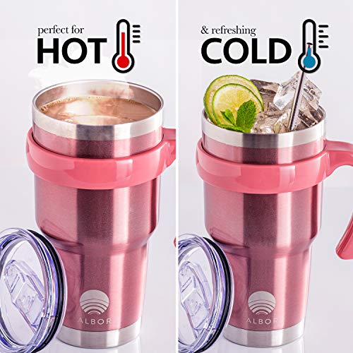 ALBOR Triple Insulated Stainless Steel Tumbler 30 Oz Rose Gold Coffee Travel Mug With Handle