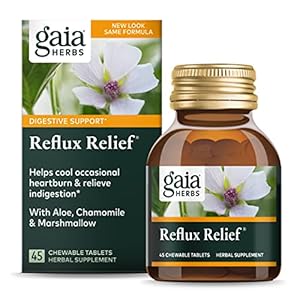 Gaia Herbs Reflux Relief – with Marshmallow Root, Chamomile, Aloe, Licorice, and High Mallow – Helps with Occasional Heartburn and Relieve Indigestion – 45 Chewable Tablets (45-Day Supply)