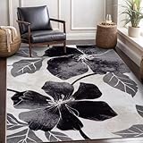 CAMILSON Solana Modern Floral 5x7 Area Rugs Non-Skid (Non-Slip) Rubber Backing Black and White Flowers Indoor Rug (5x7, Black White)