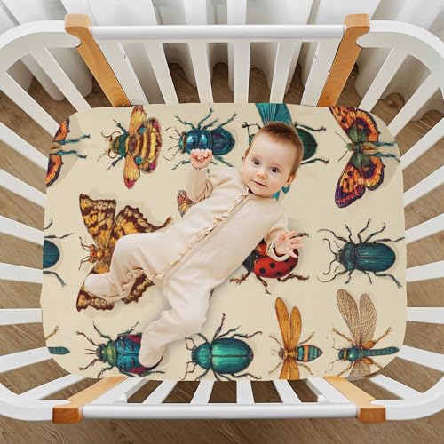 Image of Flying Vintage Insect Bugs Crib Sheets Soft Breathable Fitted Baby Crib Sheets Mattress Cover for Girls Boys, 52 inch x 28 inch x 9 inch