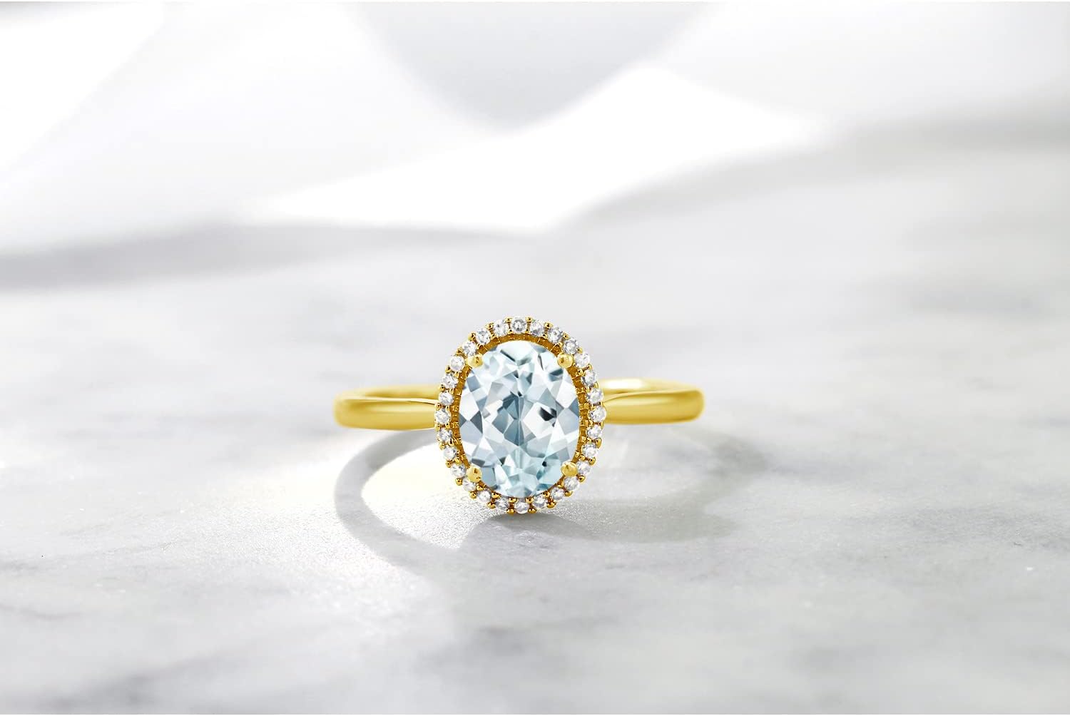 Gem Stone King 10K Yellow Gold 8X6MM Oval Gemstone Birthstone and White Diamond Halo Engagement Ring | Wedding Anniversary Promise Gold Ring For Women | Available In Size 5-10