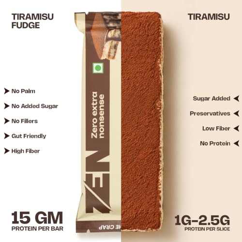 Image of ZEN Protein Dessert Bar Tiramisu Fudge Pack of 6 (50g Each) | 15g Protein, 13 gram Fiber, 200 Calories, 6g Net Carbs | No Added Sugar | No Palm Oil | Healthy Snack