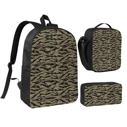 Tiger Stripe Camo print Shoulder Bookbags Lunch Bag and Pen Case 17 inches Backpack with Lunch Box, Cute Bookbag Set