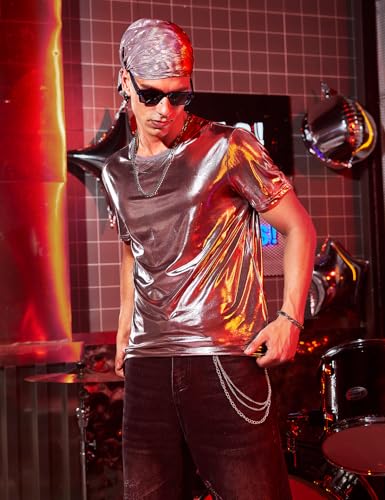 Casey Kevin Herren Metallic Glänzend Shirt Solides Goldenes Silber Hemd Glitzer Nachtclub T-Shirts 70er 80er Disco Bronzing Party Kostüm, M