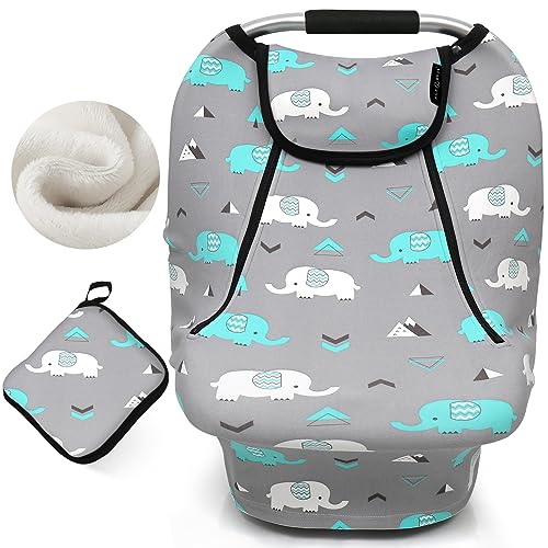 Image of ACRABROS Car Seat Covers for Babies,Winter Autumn Spring Infant Carseat Cover Canopy for Boys and Girls,Stretchy Adjustable Peeping Window with Mesh Cover,Warm Breathable Universal, Baby Elephant