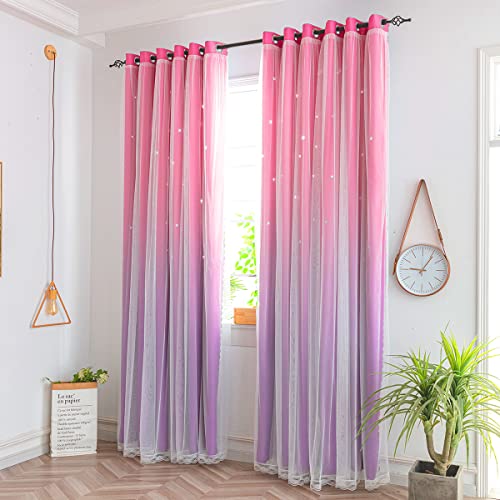 Image of Yancorp Curtains for Girls Bedroom Kids Curtain Hollow-Out Star Window Drapes Curtain 63 inches Length Room Darkening Grommet 2 Layers(Pink Purple,W34*L63)