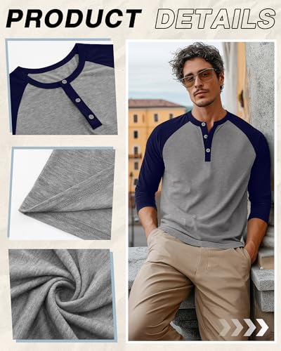 3 Pack Men's 3/4 Sleeve Baseball Raglan T-Shirts S-3XL, Henley Tops Sport Athletic Jersey Tee Cotton Shirts 6