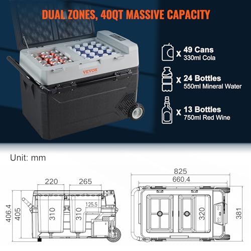 VEVOR Car Refrigerator, 12 Volt Car Refrigerator Fridge, 40QT/38L Dual Zone Portable Freezer, -4℉-50℉ Adjustable Range, 12/24V DC and 100-240V AC Compressor Cooler for Outdoor, Camping, Travel, RV