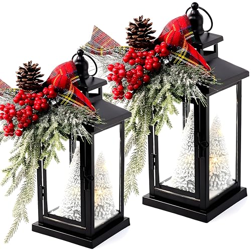 2Packs 14 Lighted Christmas Lanterns Hanging Christmas Lantern Decorative with Snow-Covered Tree Bow & Pine Cone Decorations for Porch Mantel Seasonal Display Retro-Style Holiday Decor Outdoor