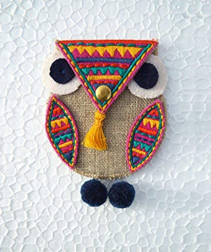 VLiving Owl Embroidery Design, Bohemian Pattern, Handmade, Wire Holder Linen Coin Bag (Multicolor, 4"X 3")