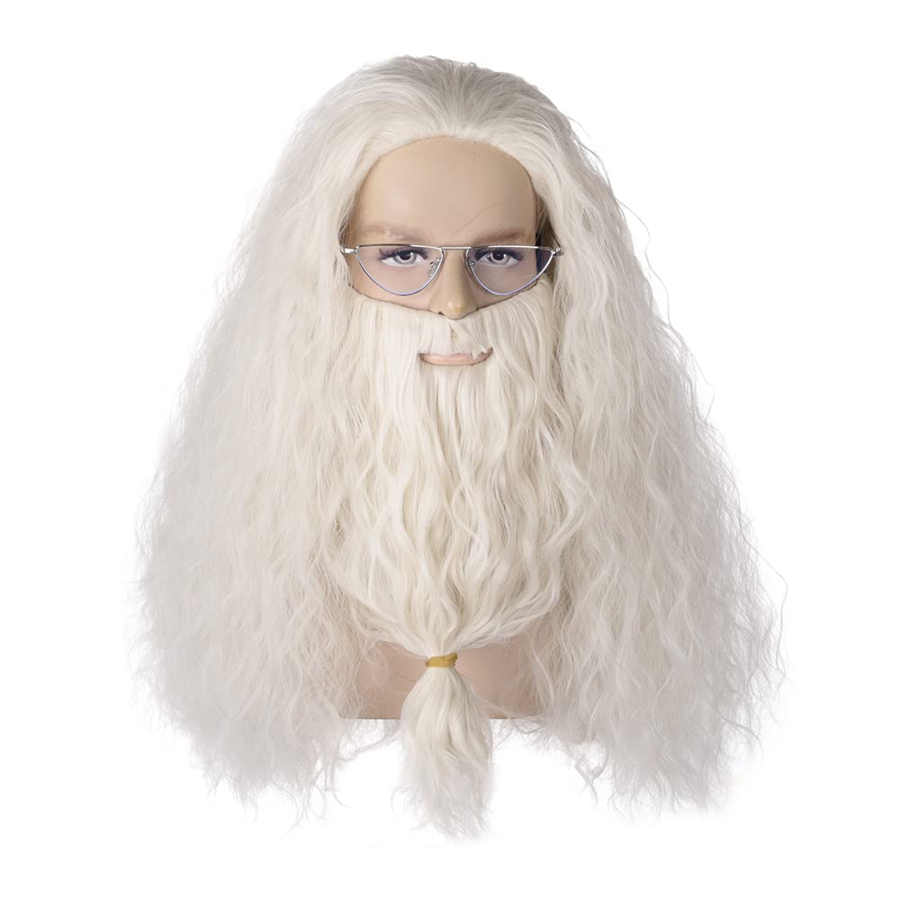 Qacf Long Curly Mens Wizard Mustache Wig - Halloween Costume Cosplay Viking Beard (White) With Glasses - Image 4