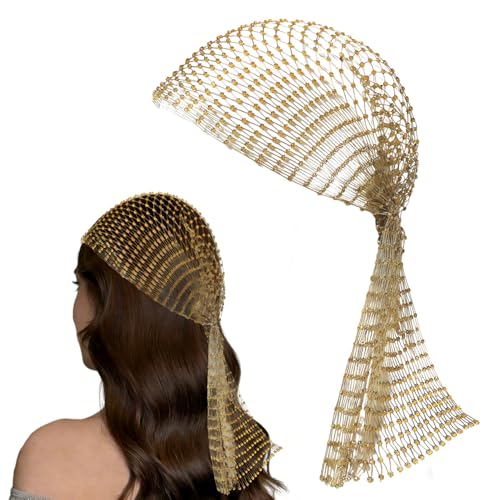 TIHNY Gold Chainmail Headband for Women - 90cm Rhinestone Mesh Hair Accessory | Elastic Fishnet Headpiece with Hollow Design | Gypsy Scarf Nightclub Turban Cap