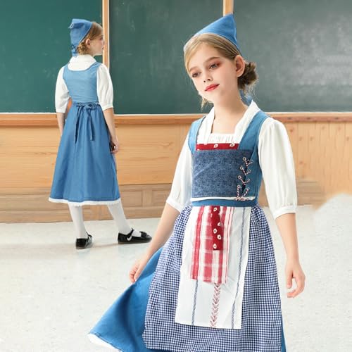 European Countryside Manor Dress for Girls 5 to 12Y Half Skirt+Shirt+Apron+Vest+Headscarf 5pc Medieval Clothes Suit2