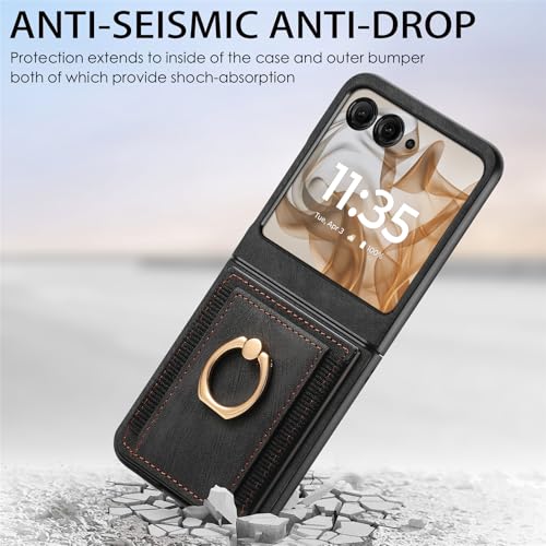 PAOBIR for Motorola Moto Razr 2024 with Card Holder,Wallet Phone Case with Built-in Rotate Ring Stand PU Leather Protective Kickstand Case for Women Girls Motorola Moto Razr 2024 Black