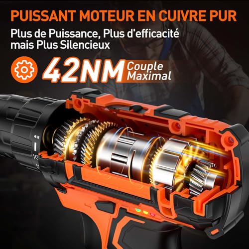Perceuse Visseuse Sans Fil 20V, Visseuse Devisseuse Sans Fil avec 2 Batteries 2.0Ah, 42Nm, 25+1 Réglages de Couple, 2 Vitesses, LED, 24 Accessoires et Valise, pour la Bricolage – Image 4