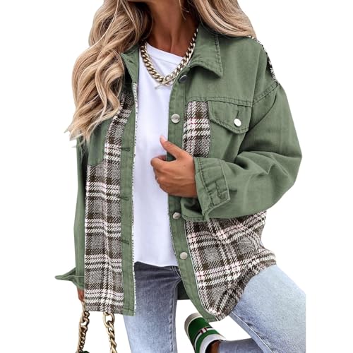 Womens Oversized Denim Jacket Casual Jean Jacket Long Sleeve Button Down Plaid Shacket Boyfriend Denim Jean Jackets