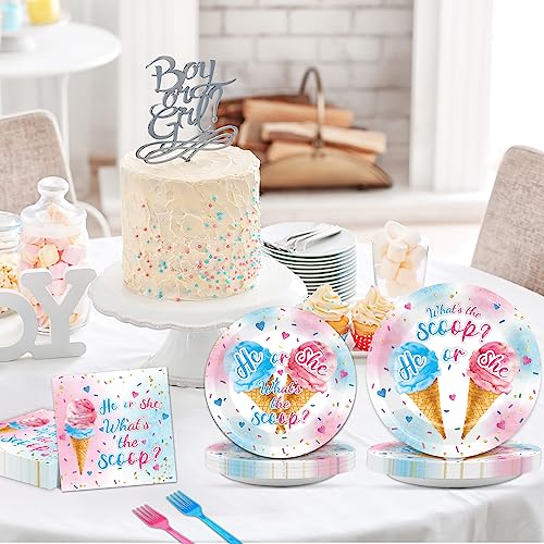 Image of 96PCS Ice Cream Gender Reveal Party Paper Tableware What's the Scoop Gender Reveal Plates Party Supplies for Summer Ice Cream Theme He or She Boy or Girl Baby Shower Dinnerware Plates Napkins Forks