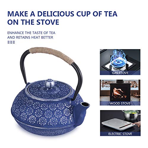 Image of Ufine Blue Floral Cast Iron Japanese Style Teapot Set Tetsubin Tea Brewing Kettle with 4 Cups, Stainless Steel Infuser for Stove Top - 26 oz