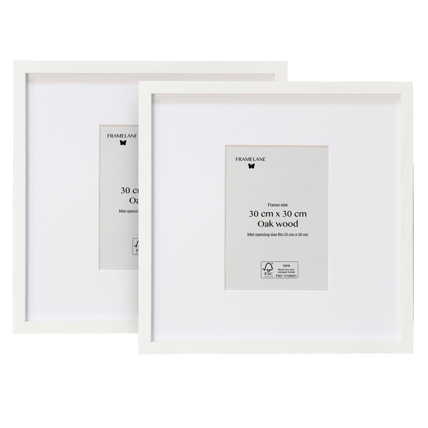 Framelane Set de 2 Marcos Cuadros de Madera de Roble FSC con Vidrio Acrílico Antirrayas y Passepartout, Marco 30x30 Blanco para Fotos y Decoración de Pared