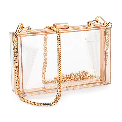 Candy&liu Women Acrylic Clear Clutch Transparent Crossbody Purse Evening Bag Sport Events Stadium Approved Chain Strap Gold, Medium