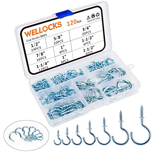 WELLOCKS Screw Hook 120 PCS Cup Hooks 1/2â€ to 1-1/2â€ Assortment Kit, Handy Ceiling Hooks Screw-in Wall Hooks Box, Plant Hooks, Kitchen Hooks, Cup Hooks Great for Indoor and Outdoor Use(D033)